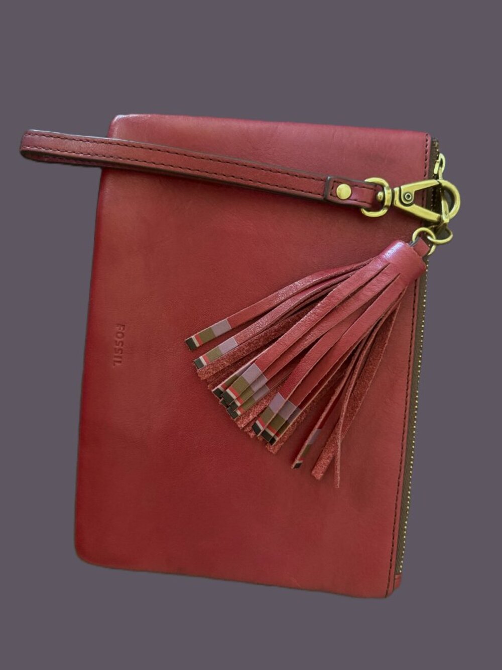 Fossil Burgandy-Red Large Leather Tassel Clutch Wristlet EUC